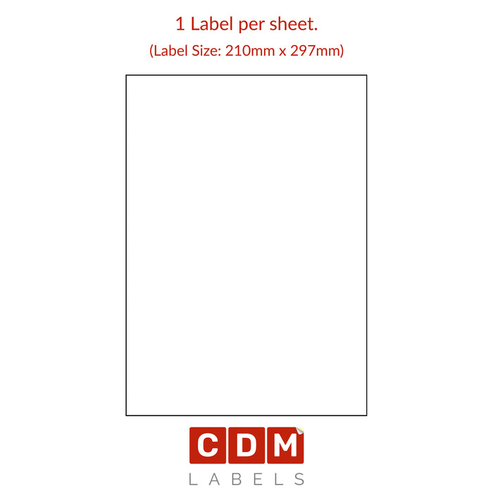 A4 Sheet Labels, 1 Label per Sheet Butt Cut (210mm x 297mm). Matt White Paper. Permanent adhesive.