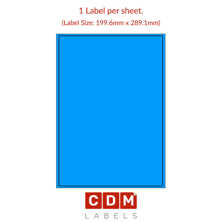Blue (Process Blue) A4 Sheet Labels, 1 Label per Sheet. (199.6mm x 289.1mm). Matt Paper / Permanent adhesive.