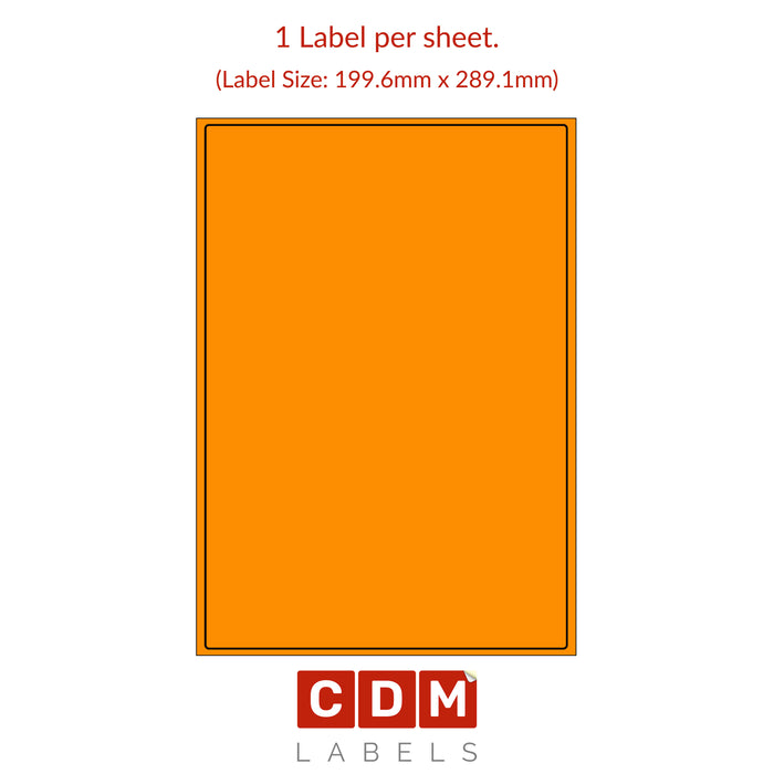 Orange (Pantone 021), A4 Sheet Labels, 1 Label per Sheet. (199.6mm x 289.1mm). Matt Paper / Permanent adhesive.