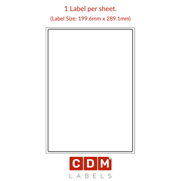 A4 Sheet Labels, 1 Label per Sheet. (199.6mm x 289.1mm). Matt White Paper. Permanent adhesive.