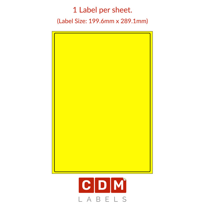 Pantone Yellow, A4 Sheet Labels, 1 Label per Sheet. (199.6mm x 289.1mm). Matt Paper / Permanent adhesive.