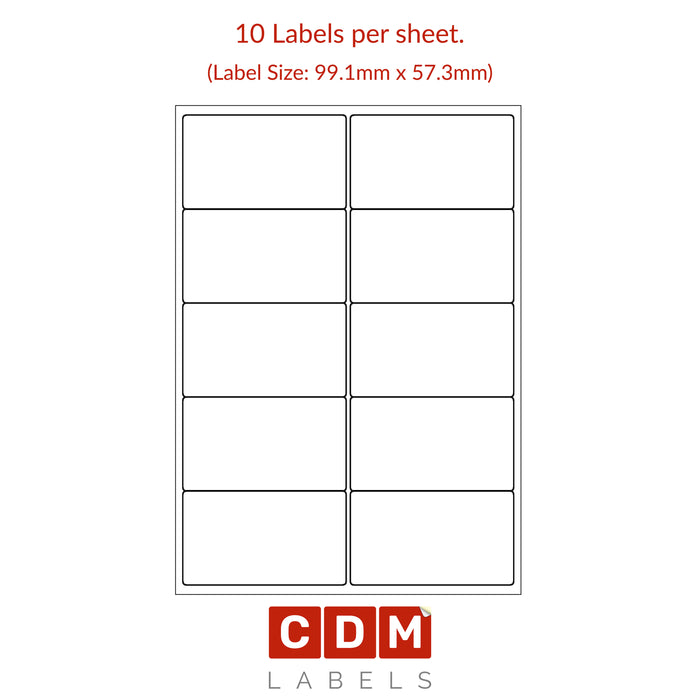 A4 Sheet Labels, 10 Labels per Sheet,(99.1mm x 57.3mm). Matt White Paper. Permanent adhesive.