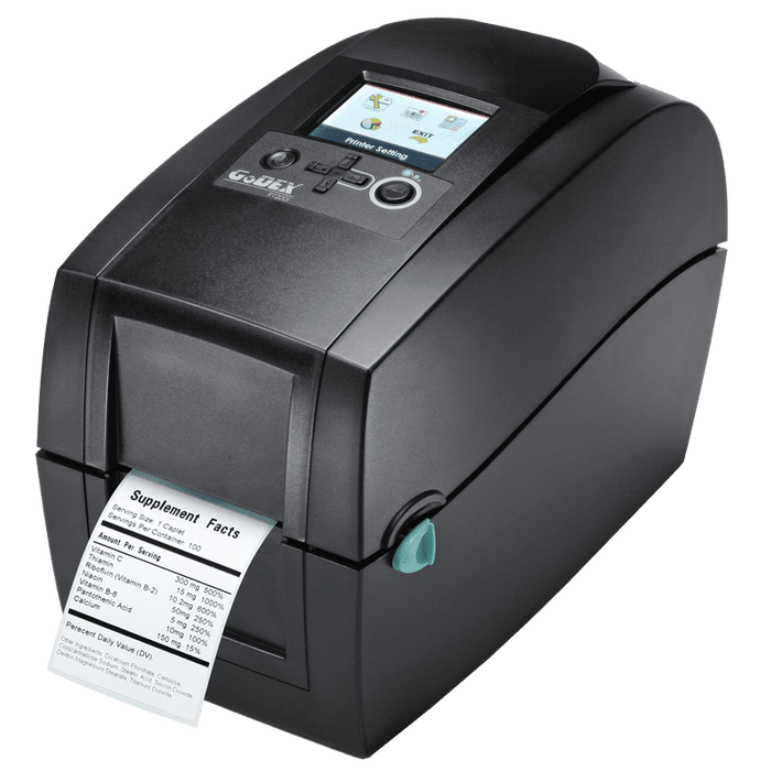 Godex RT200i Direct Thermal / Thermal Transfer, 2" Desktop Printer with Display. 203dpi. USB Host, RS232, Ethernet.