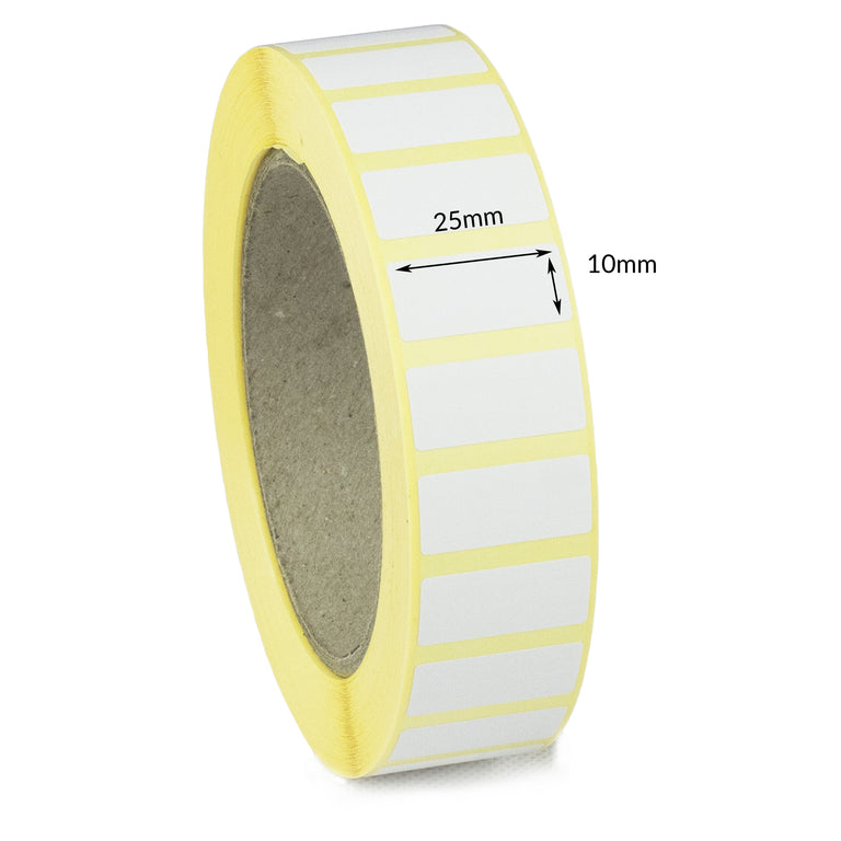 25 x 10mm Direct Thermal Labels with Permanent Adhesive - 10,000 labels - 76mm Core
