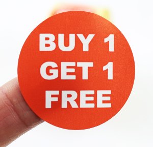 "Buy 1 Get 1 Free" Promotional Labels / Stickers 40mm Diameter - 1000 Roll