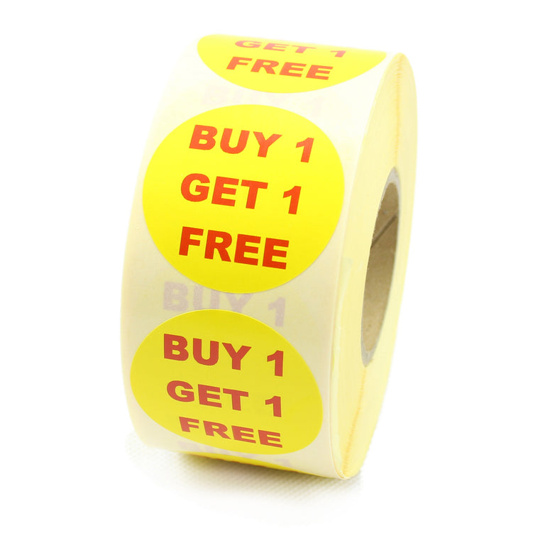 Buy 1 Get 1 Free Labels. Printed Red Text on Yellow labels. 40mm Diameter.