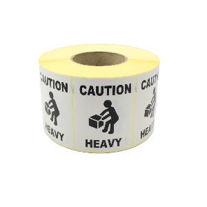 Caution Heavy Labels / Stickers. 100mm x 75mm, Permanent Adhesive. Black & White.