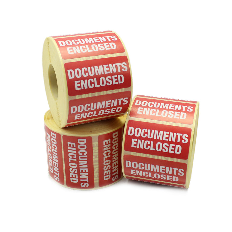 Documents Enclosed Labels, Red and White, Permanent adhesive. - 50 x 25mm