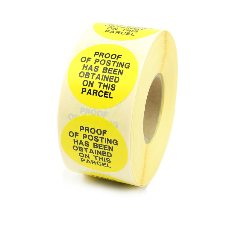 Proof Of Posting Labels. Yellow labels, Black Print.  32mm Diameter