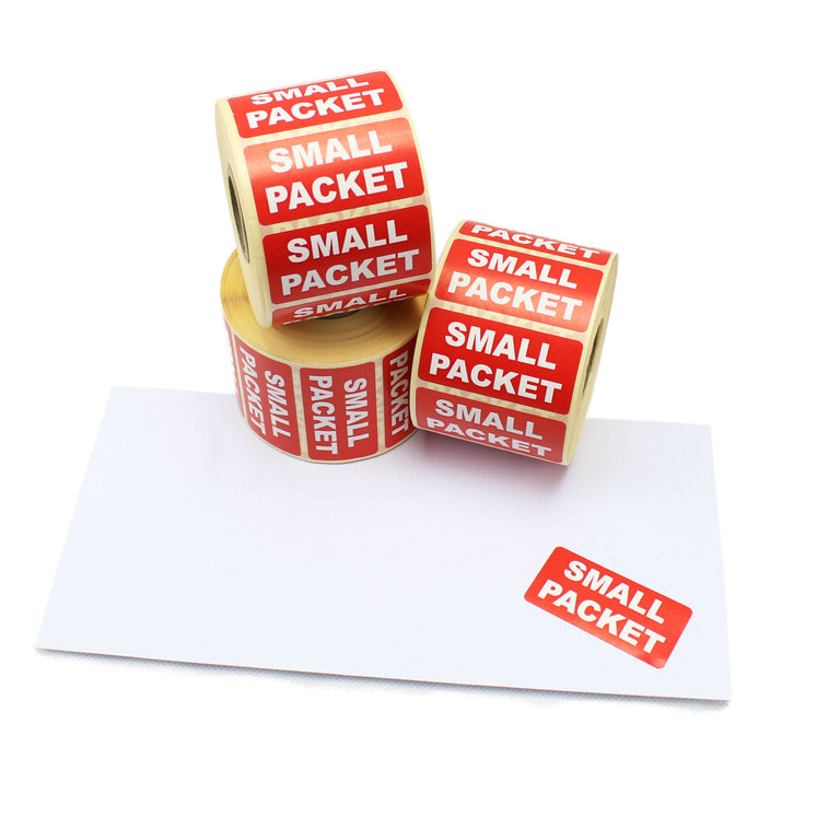 Small Packet Labels, 50mm x 25mm, Printed Red and White, Permanent adhesive.