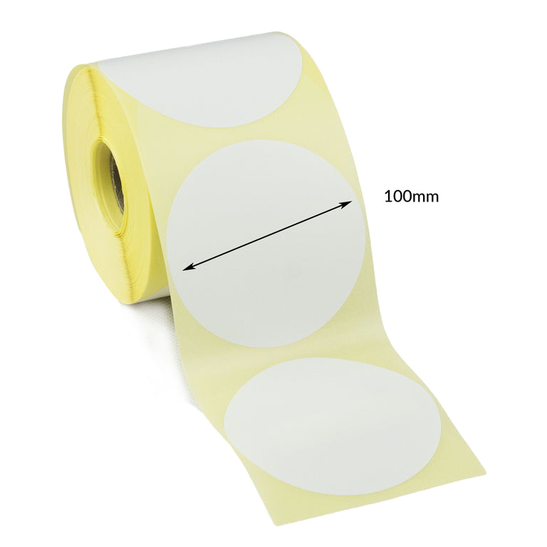 100mm Diameter Circle, Direct Thermal Labels, Permanent adhesive. 4 Rolls of 500 labels - 2,000 labels.