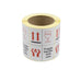 105mm x 75mm, 3 Icon, This Way up, Fragile, Handle with Care Printed Shipping Labels. 500 Per Roll.