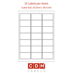 A4 Sheet Labels, 21 Labels per Sheet (63.5mm x 38.1mm). Matt White Paper. Permanent adhesive.