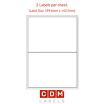 A4 Sheet Labels, 2 Label per Sheet. (199.6mm x 143.5mm). Matt White Paper. Permanent adhesive. Rounded Corners.