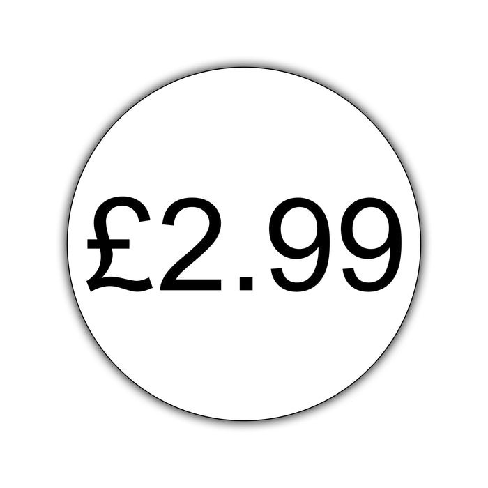 500 x 25mm Diameter, Printed Price Labels. Black Print / White Labels. Permanent adhesive.