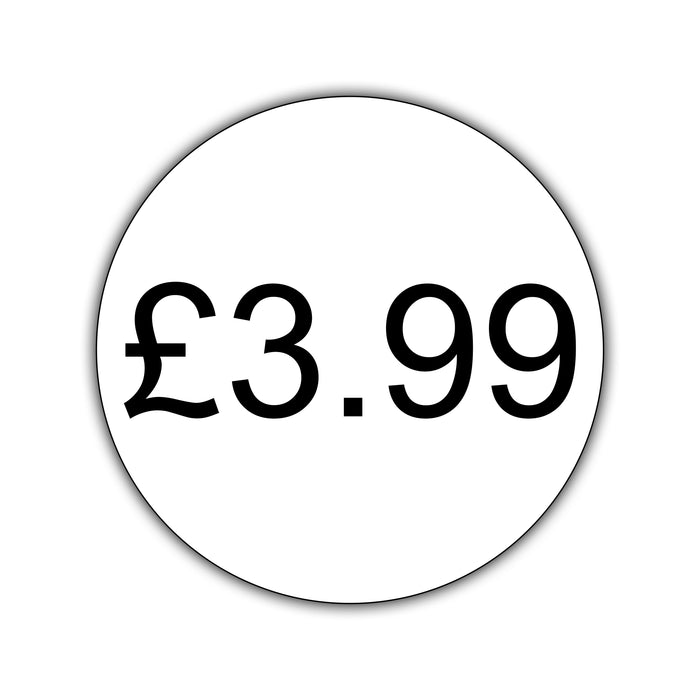 500 x 25mm Diameter, Printed Price Labels. Black Print / White Labels. Permanent adhesive.