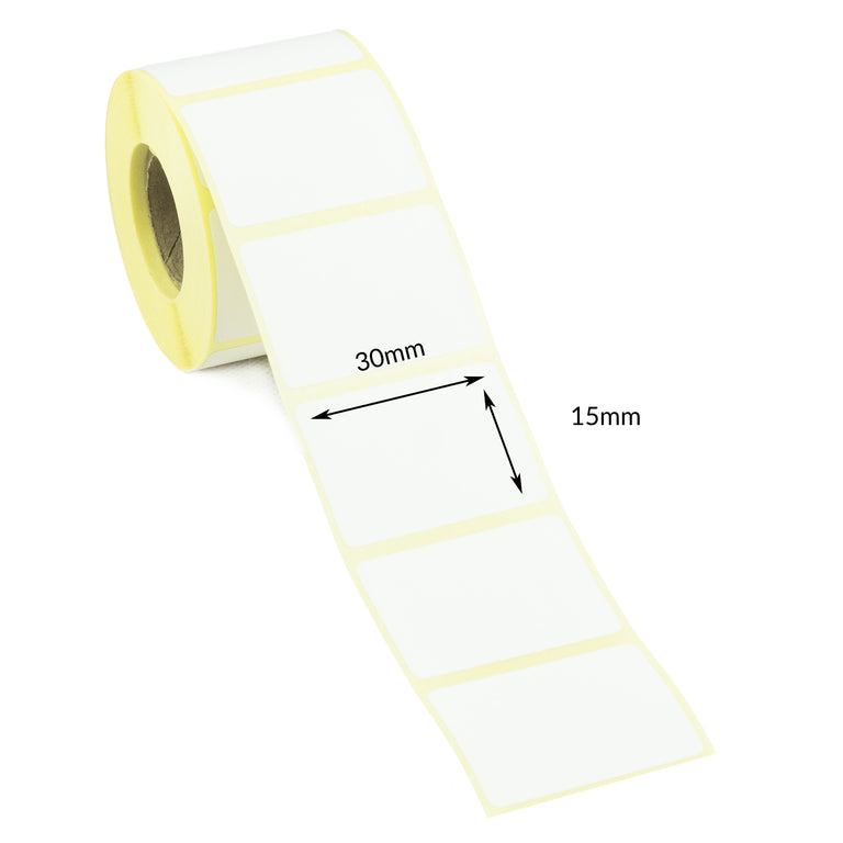 30mm x 15mm Direct Thermal Labels, Permanent adhesive. 1 Roll of 4,000 labels.