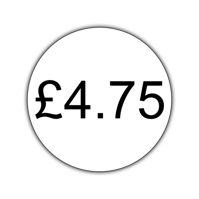 500 x 25mm Diameter, Printed Price Labels. Black Print / White Labels. Permanent adhesive.