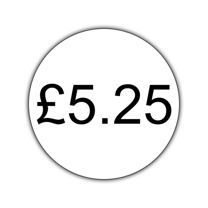 500 x 25mm Diameter, Printed Price Labels. Black Print / White Labels. Permanent adhesive.