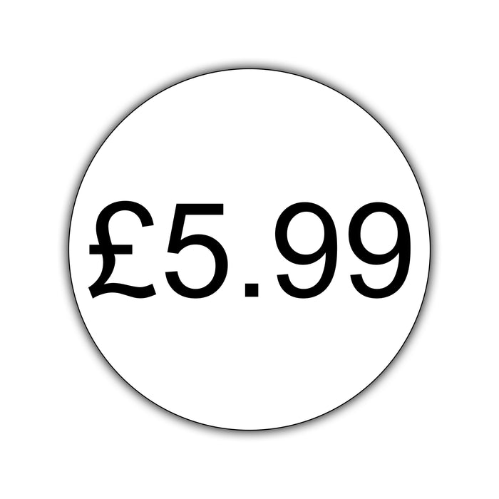 500 x 25mm Diameter, Printed Price Labels. Black Print / White Labels. Permanent adhesive.