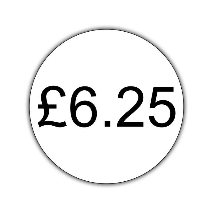 500 x 25mm Diameter, Printed Price Labels. Black Print / White Labels. Permanent adhesive.