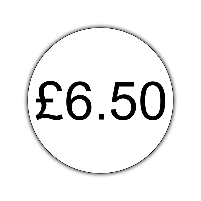 500 x 25mm Diameter, Printed Price Labels. Black Print / White Labels. Permanent adhesive.