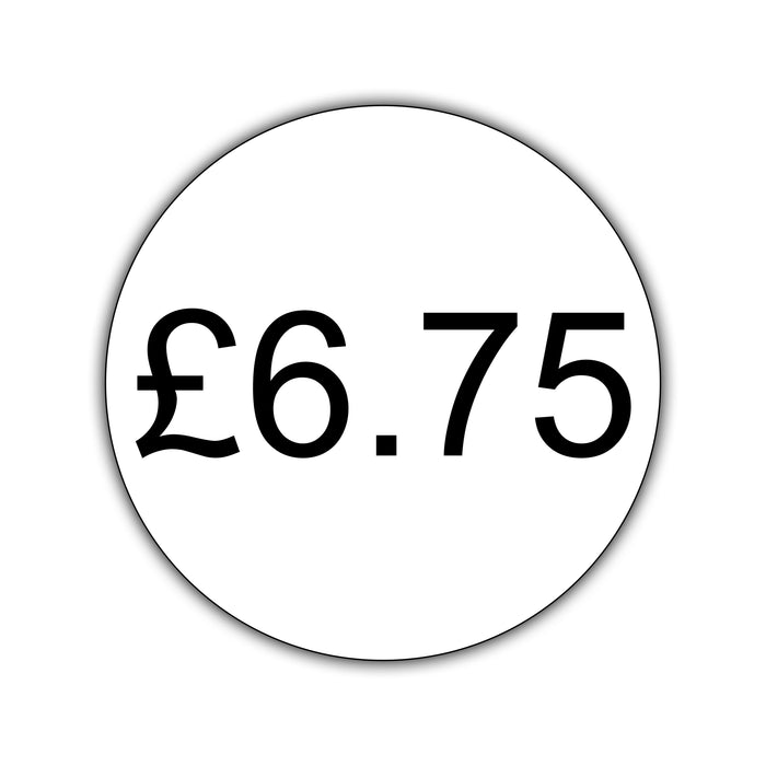 500 x 25mm Diameter, Printed Price Labels. Black Print / White Labels. Permanent adhesive.