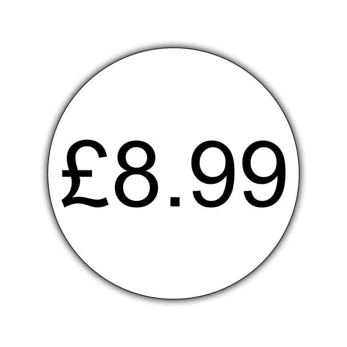 500 x 25mm Diameter, Printed Price Labels. Black Print / White Labels. Permanent adhesive.