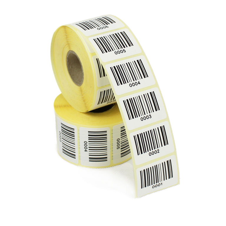 1 - 1000, Printed barcode labels, Code 128. Permanent adhesive.