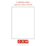 A4 Sheet Labels, 1 Label per Sheet Butt Cut (210mm x 297mm). Matt White Paper. Permanent adhesive.