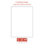 A4 Sheet Labels, 1 Label per Sheet Butt Cut (210mm x 297mm). Matt White Paper. Permanent adhesive.