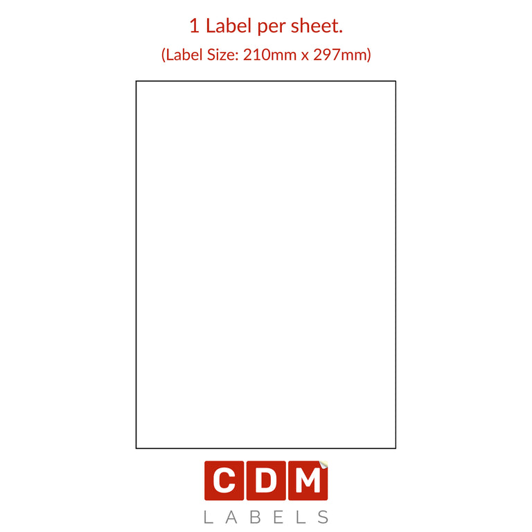 A4 Sheet Labels, 1 Label per Sheet Butt Cut (210mm x 297mm). Matt White Paper. Permanent adhesive.