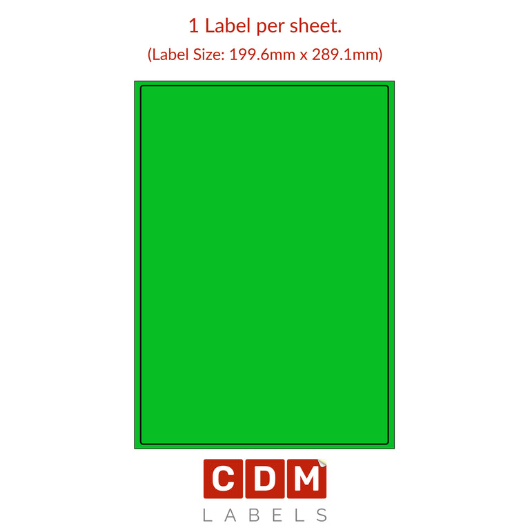 Green (Pantone Green) A4 Sheet Labels, 1 Label per Sheet. (199.6mm x 289.1mm). Matt Paper / Permanent adhesive.