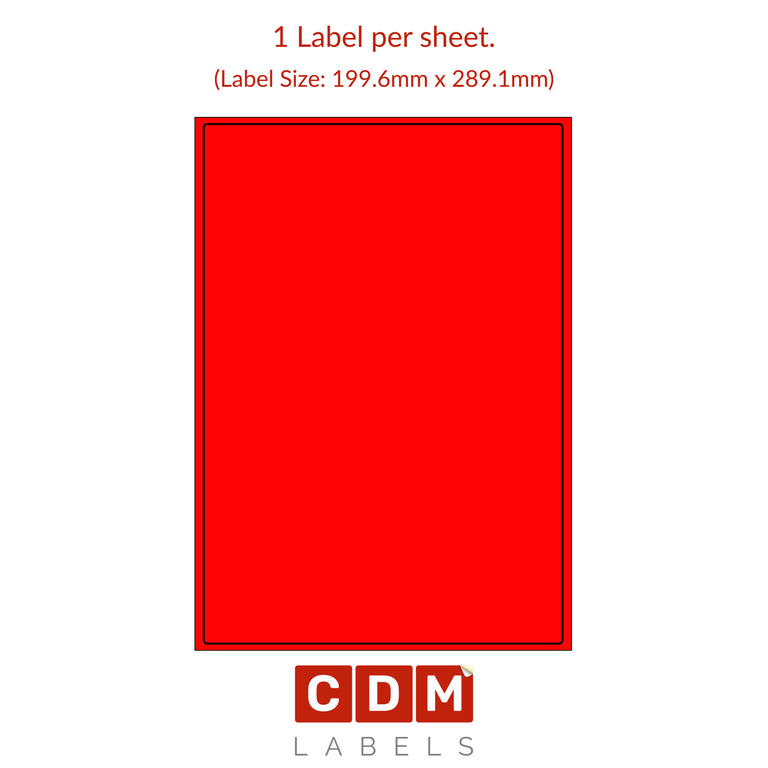 Red (Pantone 032) A4 Sheet Labels, 1 Label per Sheet. (199.6mm x 289.1mm). Matt Paper / Permanent adhesive.