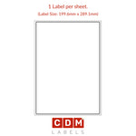 A4 Sheet Labels, 1 Label per Sheet. (199.6mm x 289.1mm). Matt White Paper. Permanent adhesive.