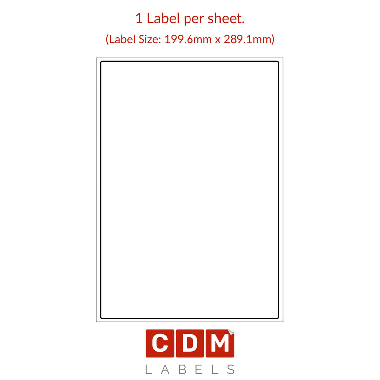 A4 Sheet Labels, 1 Label per Sheet. (199.6mm x 289.1mm). Matt White Paper. Permanent adhesive.