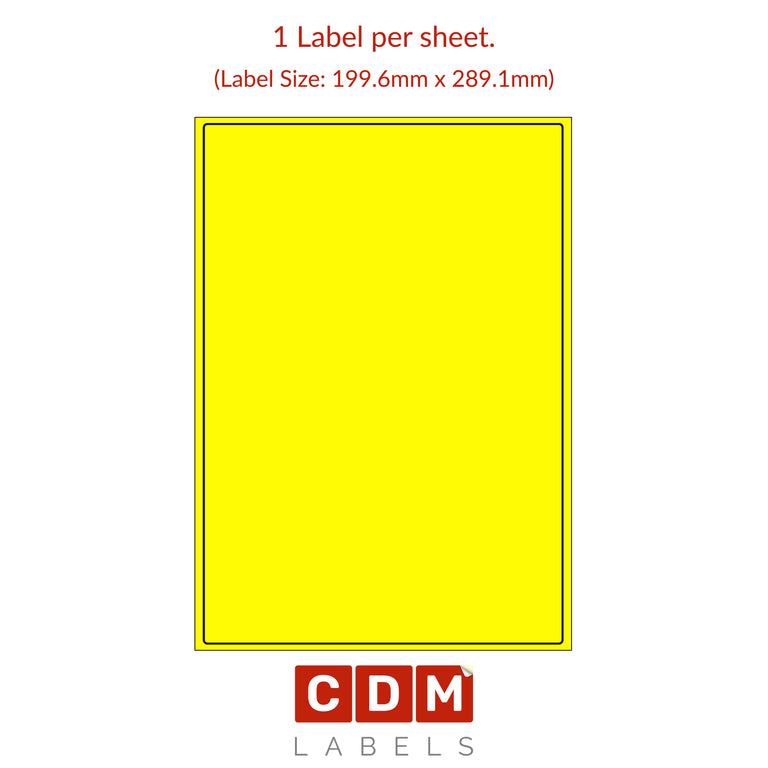 Pantone Yellow, A4 Sheet Labels, 1 Label per Sheet. (199.6mm x 289.1mm). Matt Paper / Permanent adhesive.