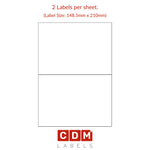 A4 Sheet Labels, 2 Label per Sheet, Butt Cut. (148.5mm x 210mm). Matt White Paper. Permanent adhesive.