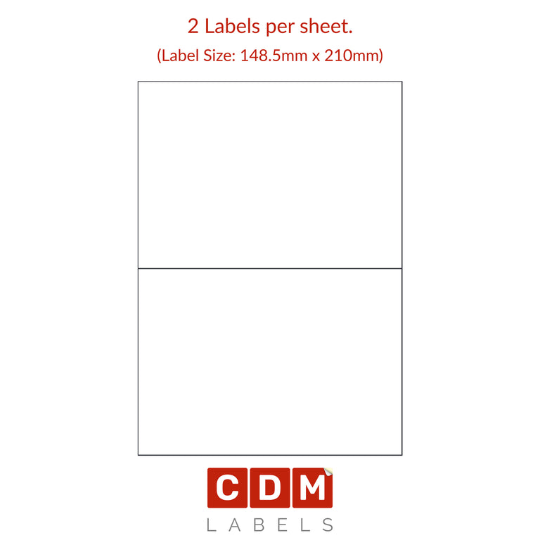 A4 Sheet Labels, 2 Label per Sheet, Butt Cut. (148.5mm x 210mm). Matt White Paper. Permanent adhesive.