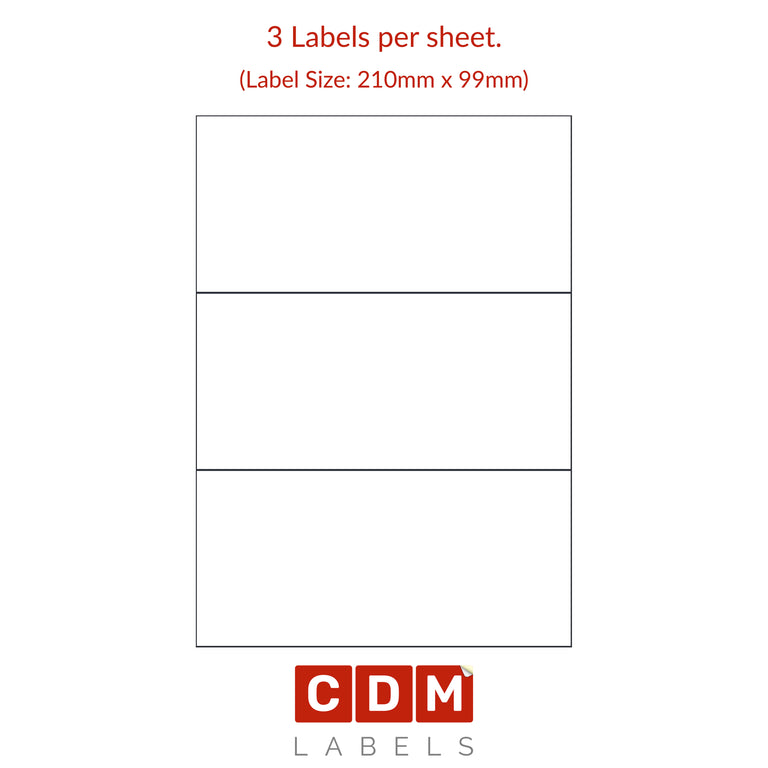 A4 Sheet Labels, 3 Labels per Sheet. (210mm x 99mm). Matt White Paper. Permanent adhesive. Square Corners.