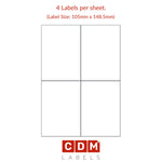 A4 Sheet Labels, 4 Labels per Sheet, Butt Cut (105mm x 148.5mm). Matt White Paper. Permanent adhesive.