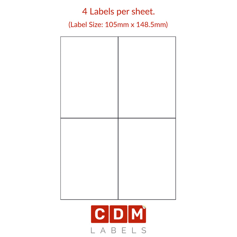 A4 Sheet Labels, 4 Labels per Sheet, Butt Cut (105mm x 148.5mm). Matt White Paper. Permanent adhesive.