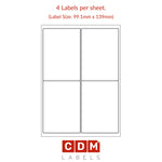 A4 Sheet Labels, 4 Labels per Sheet. (99.1mm x 139mm). Matt White Paper. Permanent adhesive. Round Corners