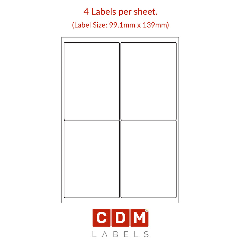 A4 Sheet Labels, 4 Labels per Sheet. (99.1mm x 139mm). Matt White Paper. Permanent adhesive. Round Corners