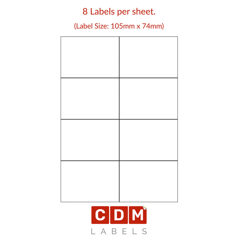 Sheet Labels A4 Sheet Labels, 8 Labels per Sheet, Butt Cut (105mm x 74mm). Matt ...