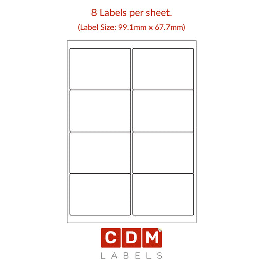A4 Sheet Labels, 8 Labels per Sheet (99.1mm x 67.7). Matt White Paper. Permanent adhesive.