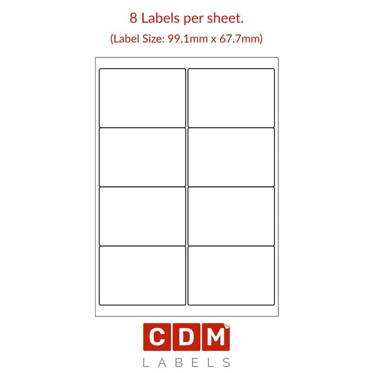 A4 Sheet Labels, 8 Labels per Sheet (99.1mm x 67.7). Matt White Paper. Permanent adhesive.