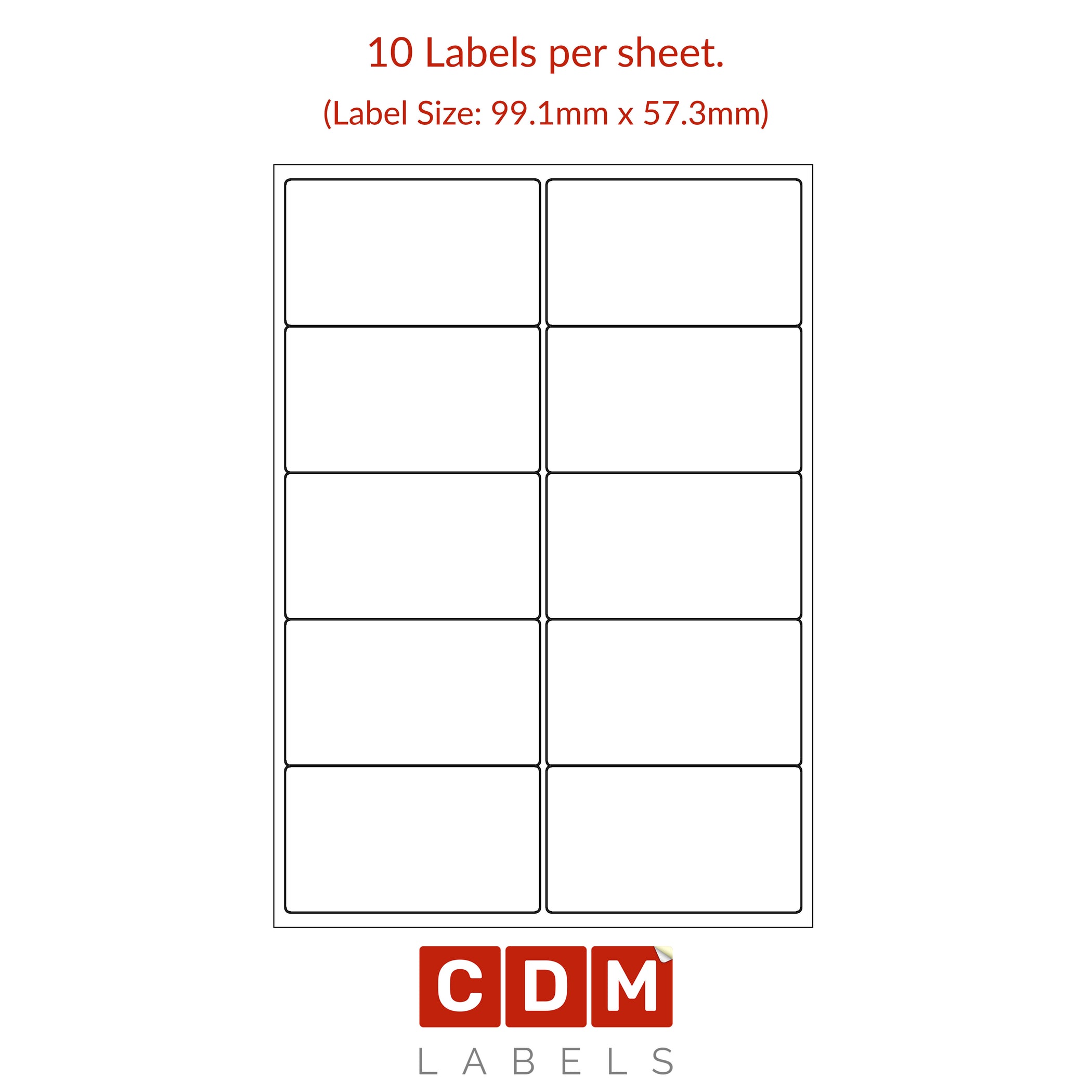 A4 Sheet Labels, 10 Labels per Sheet,(99.1mm x 57.3mm). Matt White
