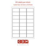 A4 Sheet Labels, 24 Labels per Sheet (63.5mm x 33.9mm). Matt White Paper. Permanent adhesive.