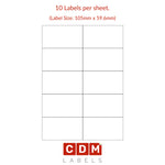 A4 Sheet Labels, 10 Labels per Sheet, Butt Cut (105mm x 59.6mm). Matt White Paper. Permanent adhesive.
